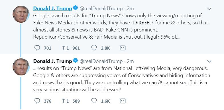 特朗普炮轟谷歌等操縱搜索結(jié)果：負面新聞太顯眼