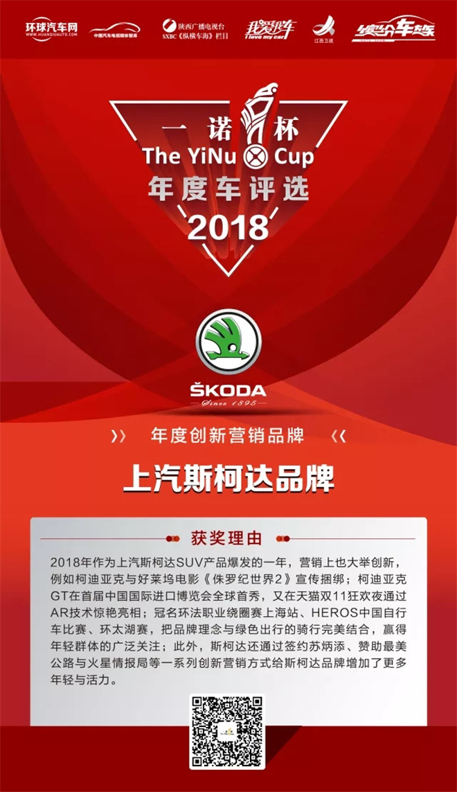 上汽斯柯達榮獲2018年度第二屆“一諾杯”年度創(chuàng)新營銷品牌大獎